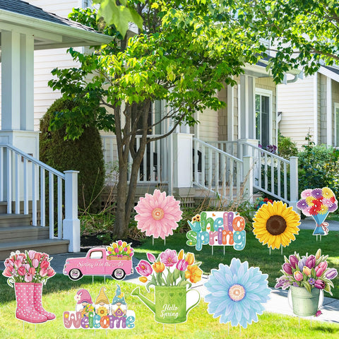 Amyhill Hello Spring multicolor flowers yard sign for lawn accents.