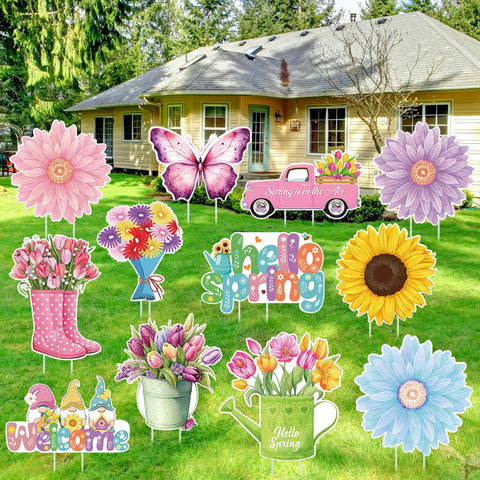 Amyhill Hello Spring tulip yard sign for outdoor garden decor.