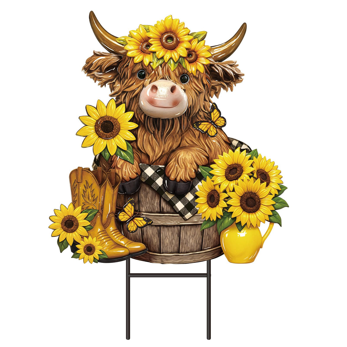 Amyhill Highland Cow garden stake with sunflowers enhances curb appeal in any yard.