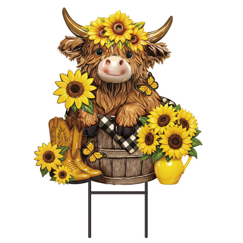 Amyhill Highland Cow garden stake with sunflowers enhances curb appeal in any yard.