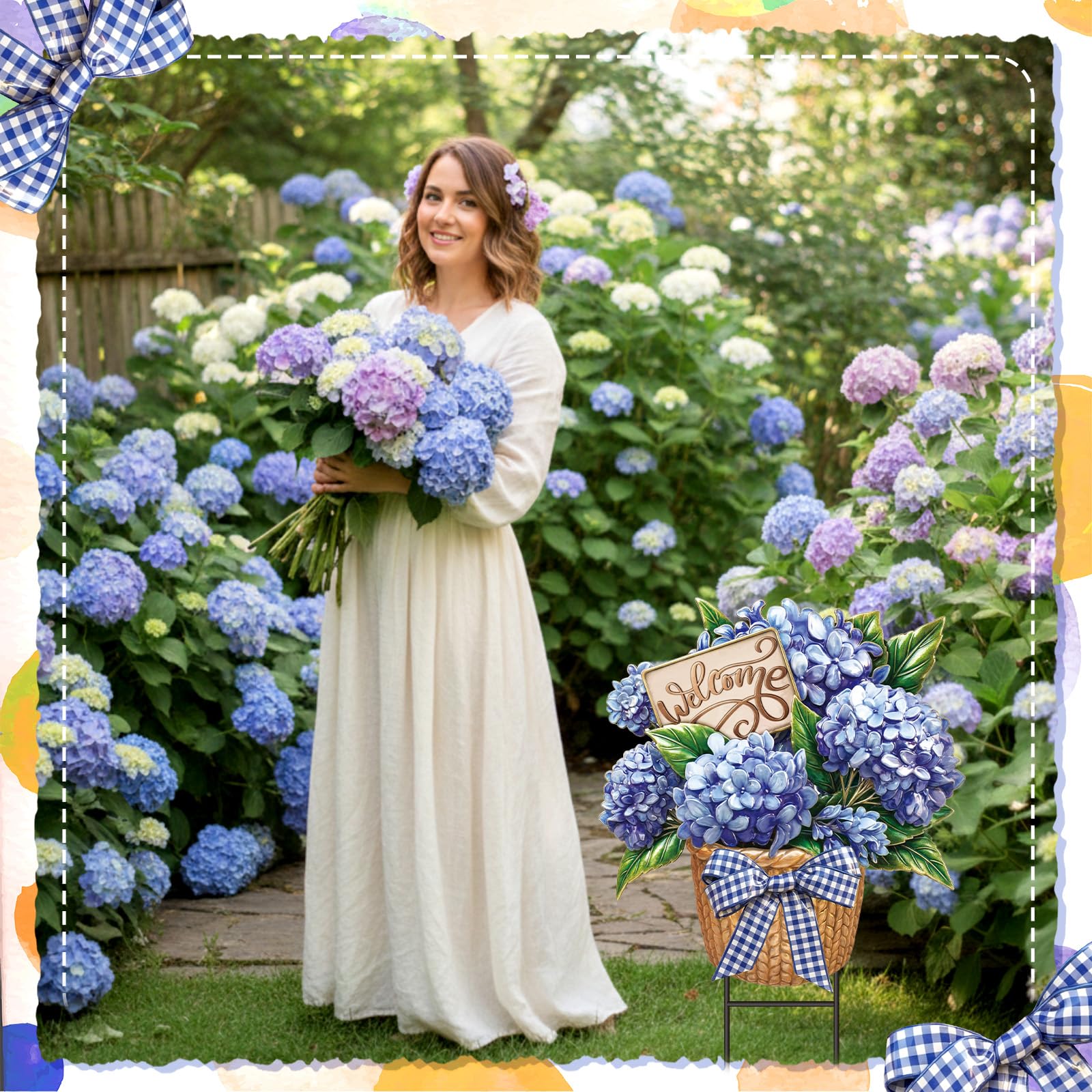 Amyhill hydrangea metal decoration features multicolor blooms for outdoor charm.