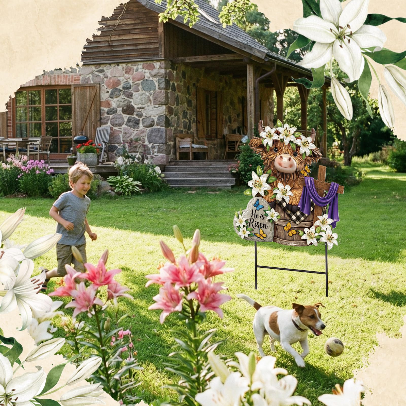 Amyhill Easter Highland Cow garden sign with multicolor finish boosts curb appeal.
