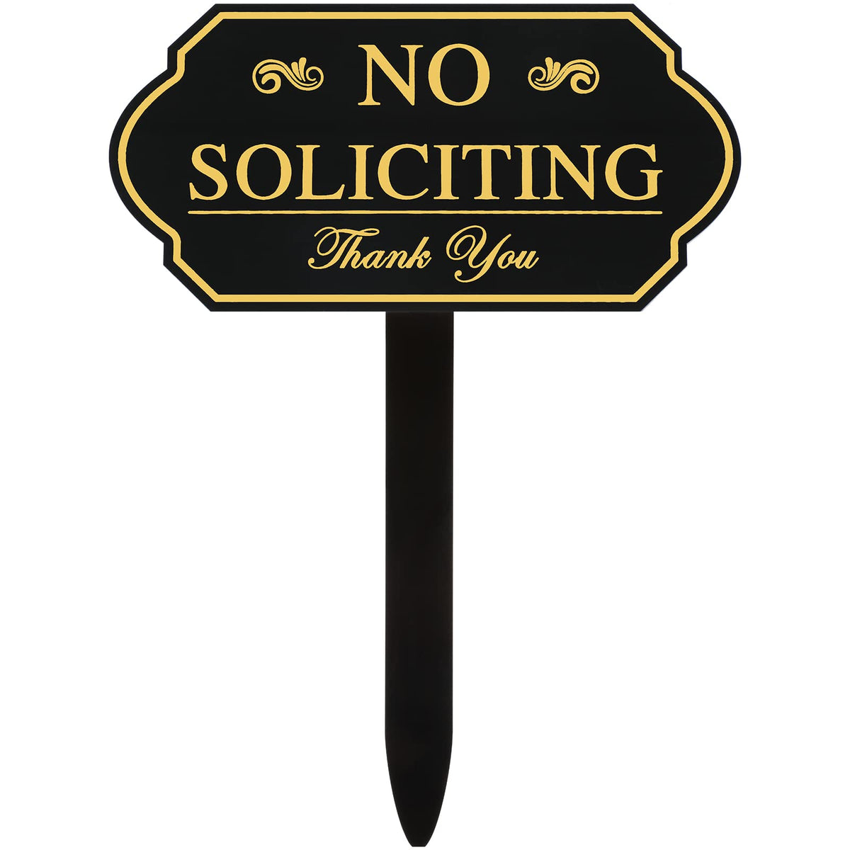 Amyhill no soliciting sign with stake in front yard for clear privacy notice.