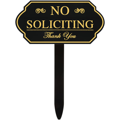 Amyhill no soliciting sign with stake in front yard for clear privacy notice.