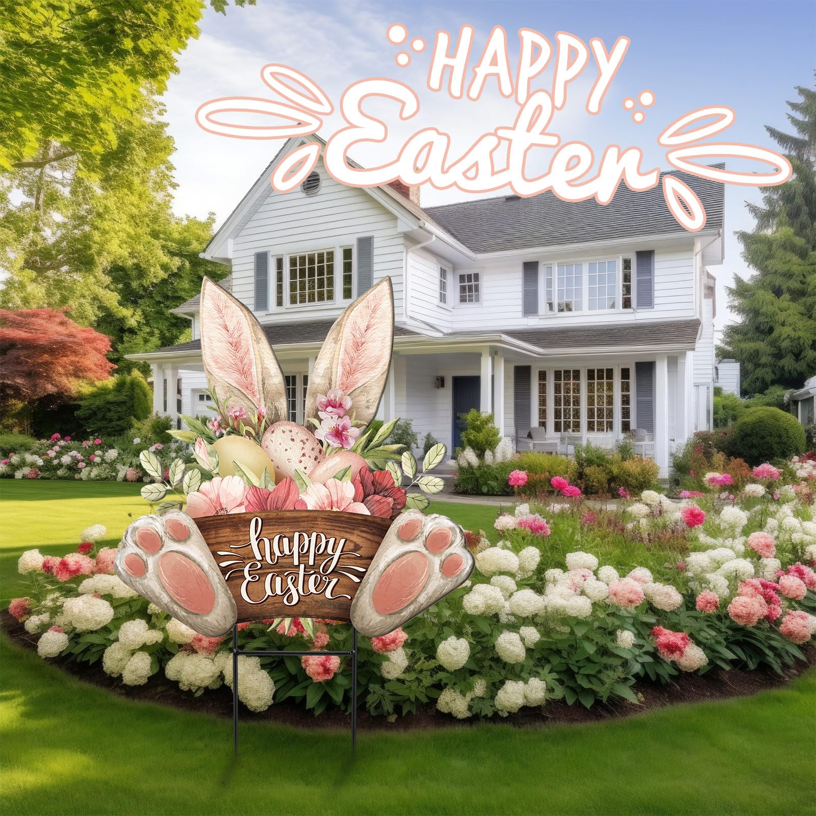 Amyhill outdoor Easter decor adds color to lawns and welcomes guests.