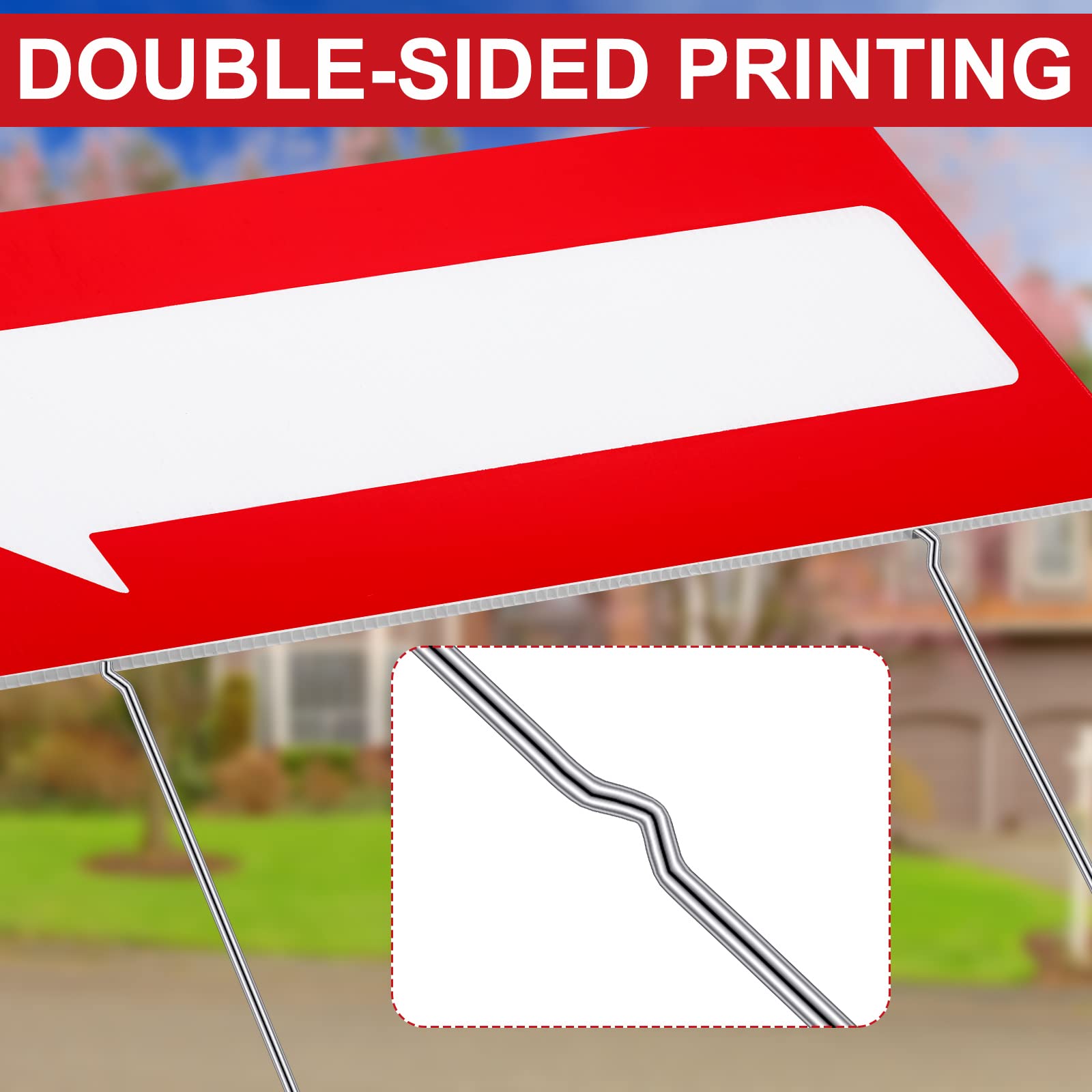 Amyhill red corrugated plastic arrow sign showing outdoor directions.
