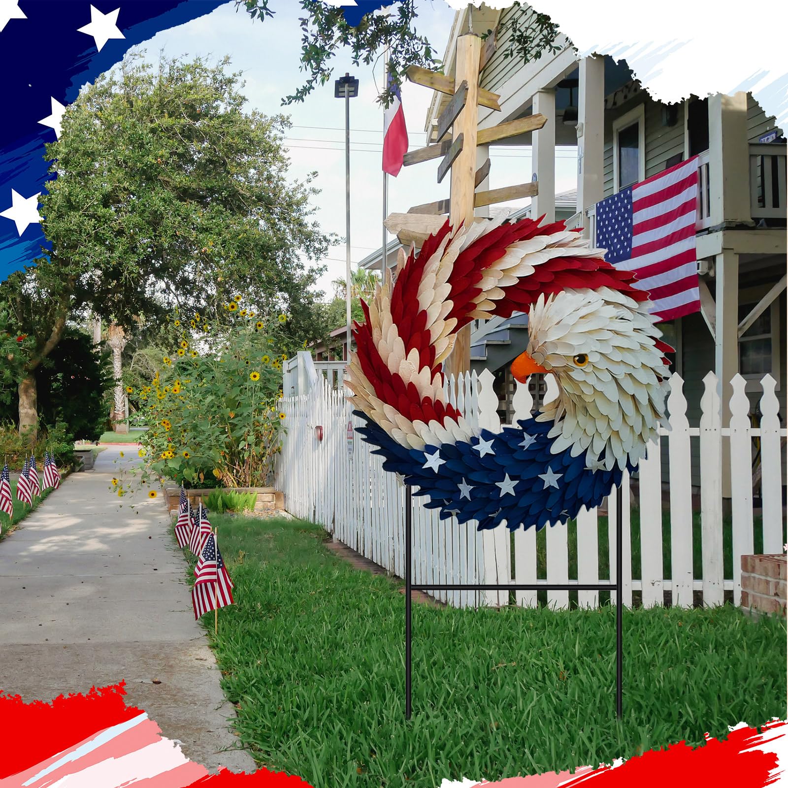 Amyhill red white blue motif garden decor complements Independence Day celebrations