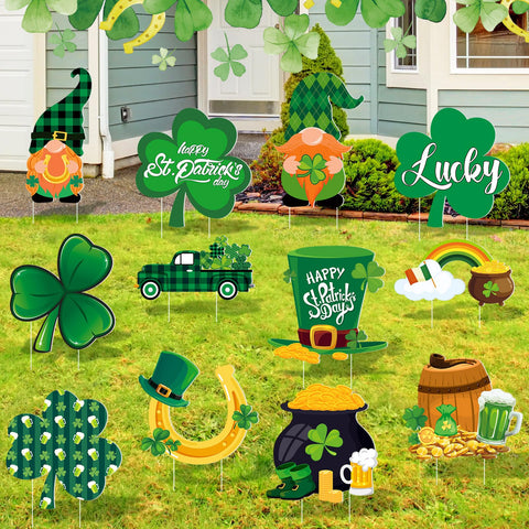 Amyhill shamrock yard sign enhances festive curb appeal for St. Patrick's Day.