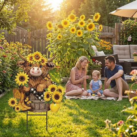 Amyhill summer Highland Cow outdoor decor adds whimsical charm to patios and flower beds.