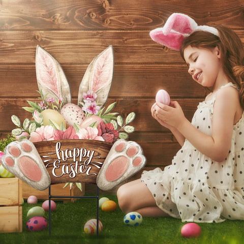Amyhill pink and white Easter sign featuring eggs for yard decor.