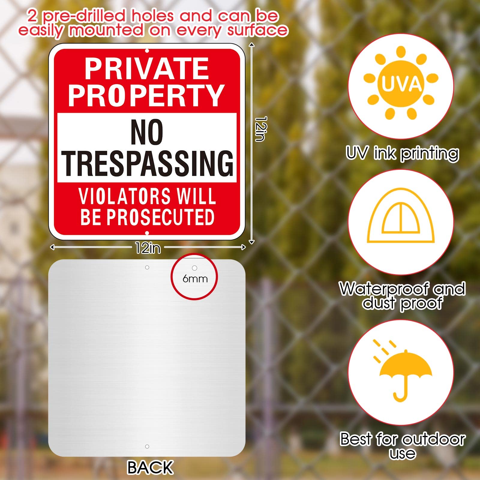 Amylove red no trespassing sign for fences; rustproof aluminum and outdoor durability.