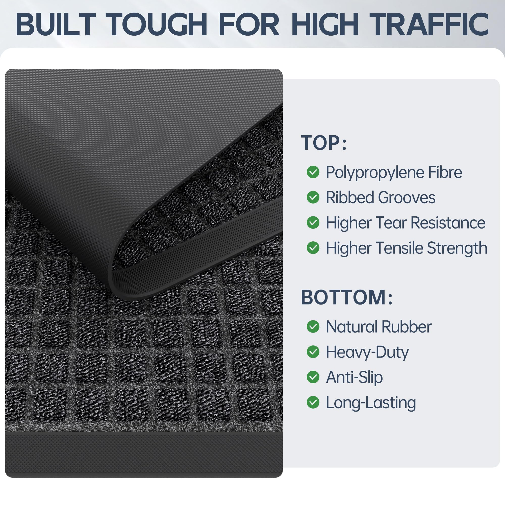 Amyracel outdoor-indoor mat cleans easily by vacuuming, shaking, or rinsing.