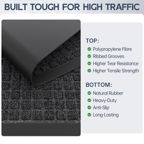Amyracel outdoor-indoor mat cleans easily by vacuuming, shaking, or rinsing.
