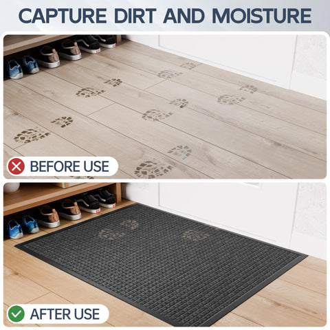 Amyracel rubber-backed mat stays in place, reducing slips in busy entryways.