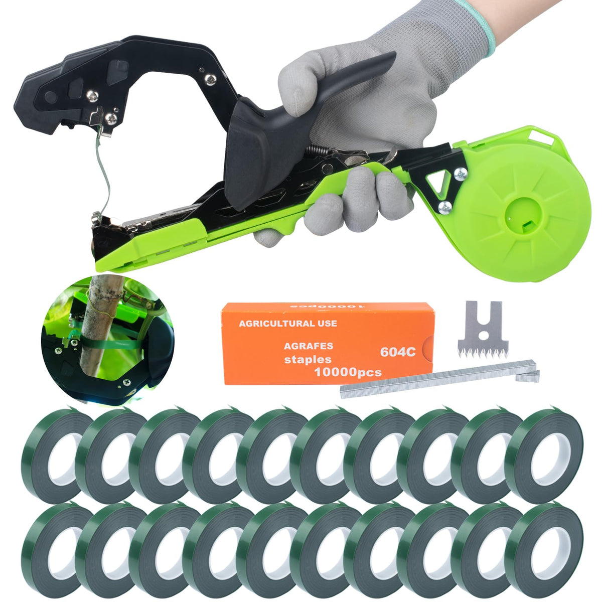 AMZCOM Plant Tying Machine front view highlights compact, lightweight design for quick garden tasks.