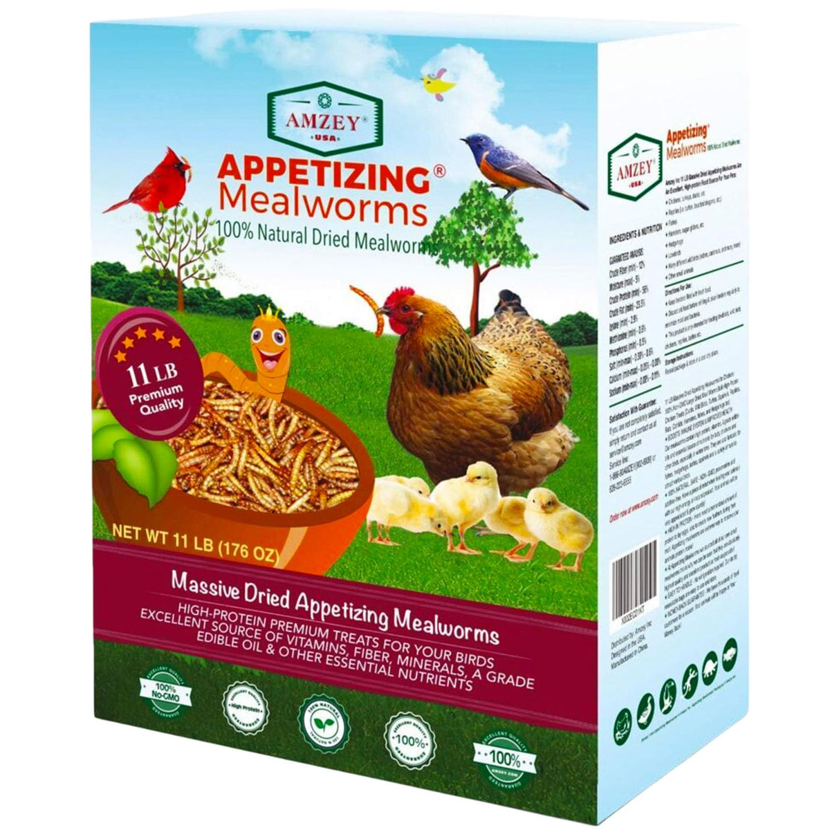 Amzey dried mealworms packaging shows bulk 11 lbs for easy feeding.