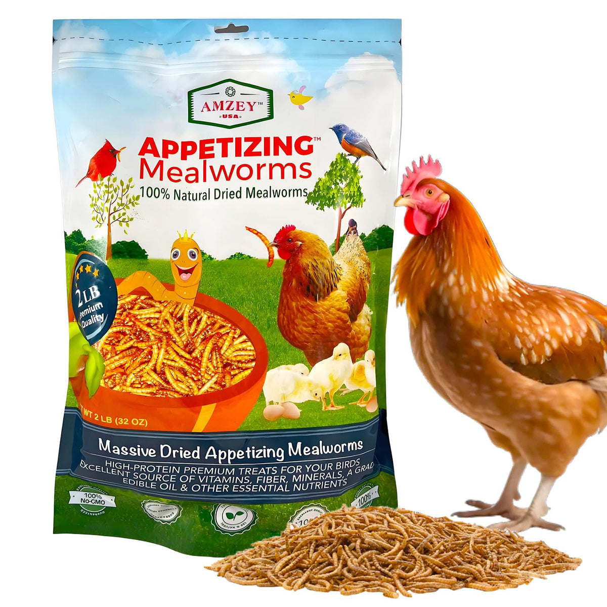 Amzey dried mealworms 2lb bag for chickens and birds; convenient resealable packaging.