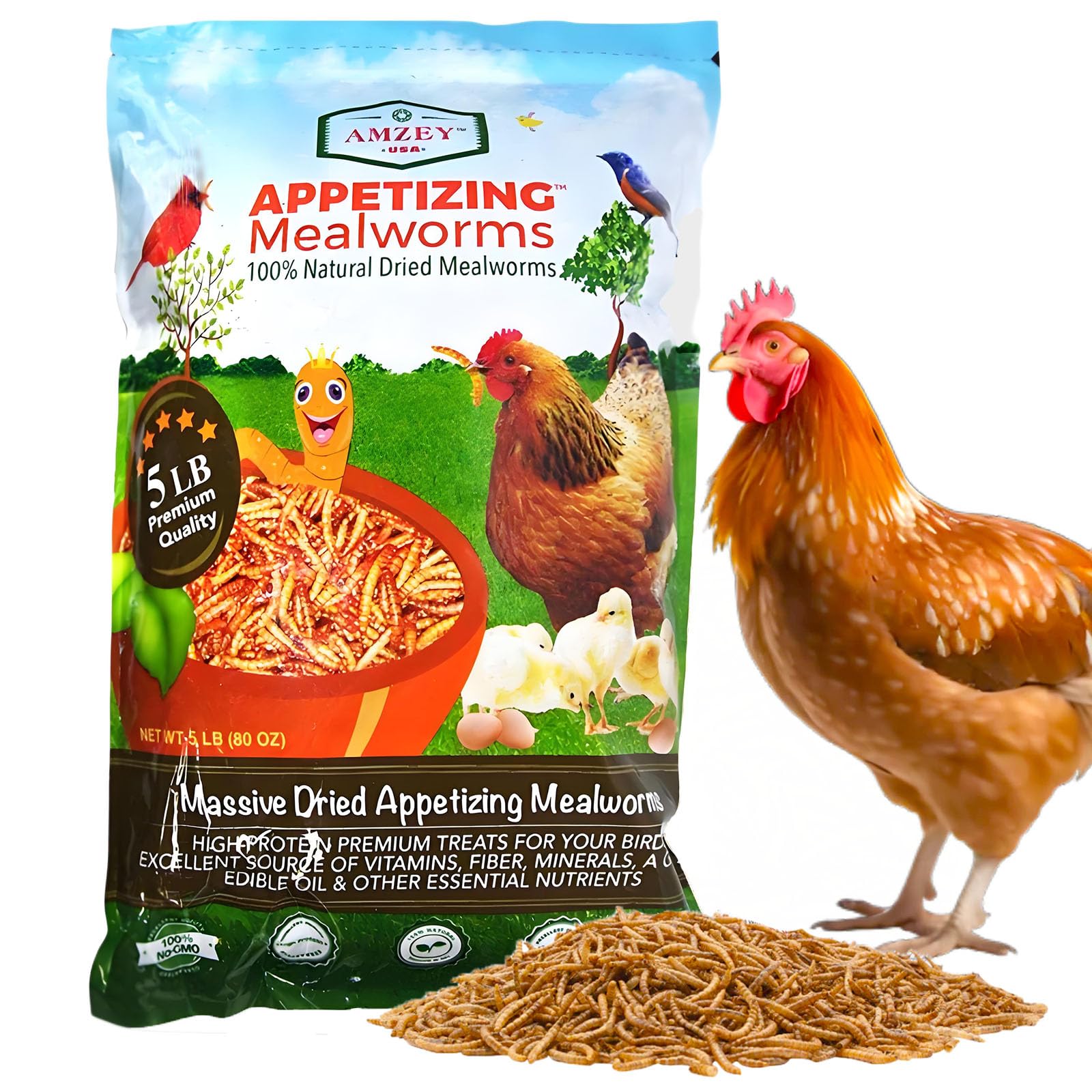 Amzey dried mealworms 5lb bulk pack for poultry feeding and healthy growth.
