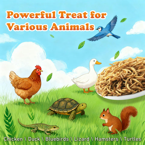Amzey dried mealworms with chickens in a coop.