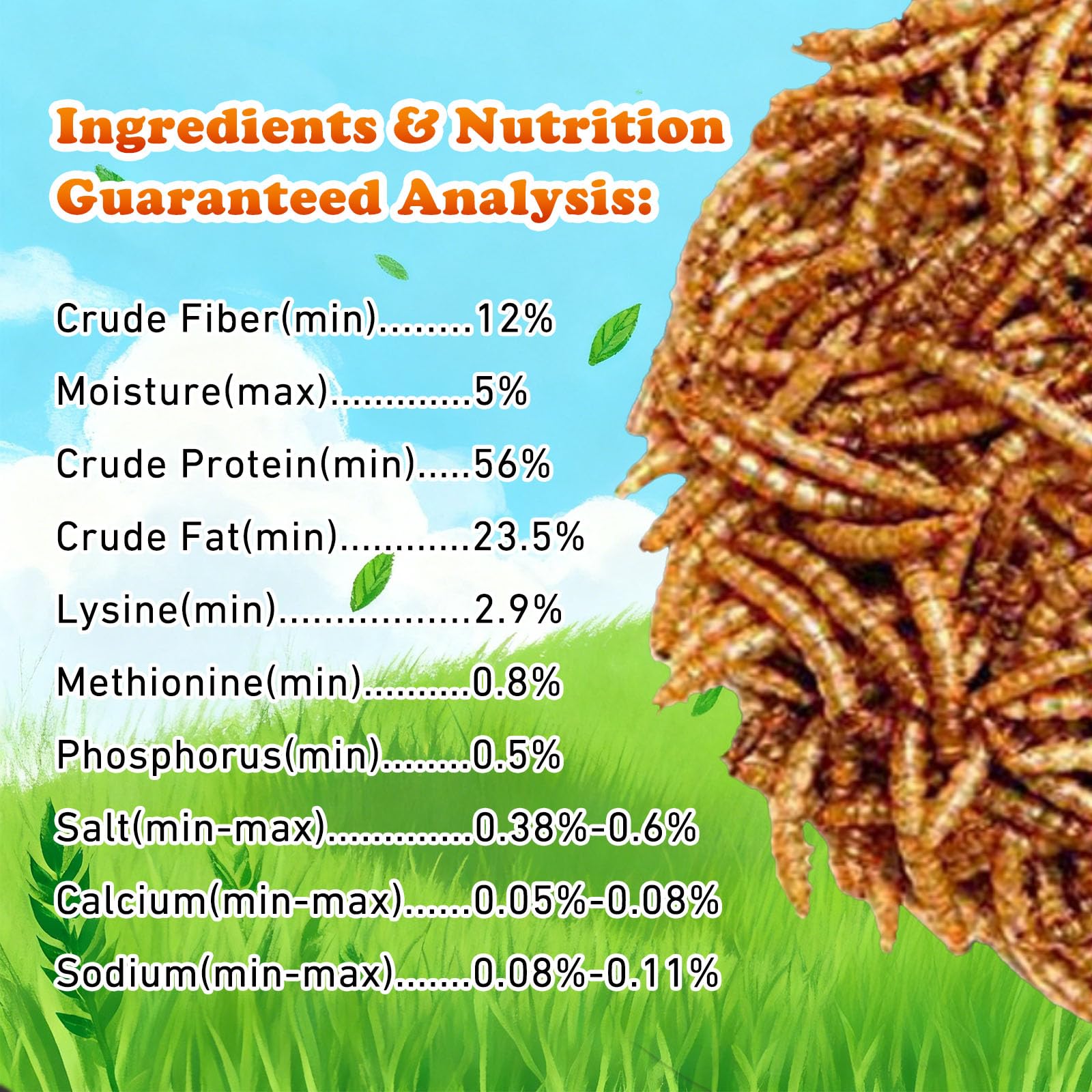 Amzey dried mealworms label confirms non-GMO and no preservatives for peace of mind.
