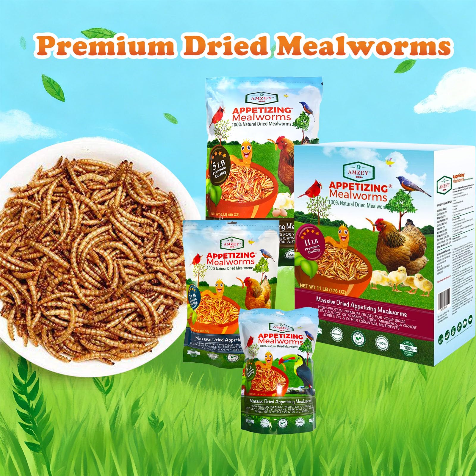 Amzey 100% natural mealworms, non-GMO and additive-free for responsible feeding.