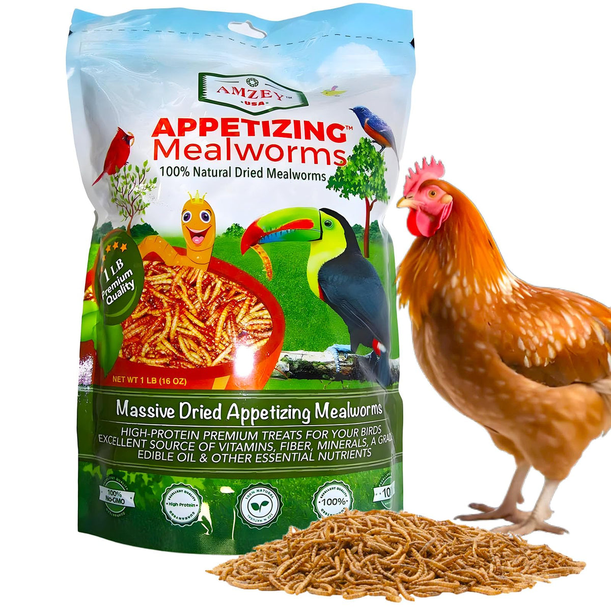 Amzey dried mealworms in a sealed bag, high-protein poultry treat.