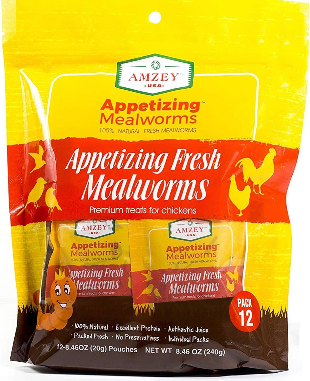 Amzey Fresh Mealworms in a 12-pouch bag ready for feeding.