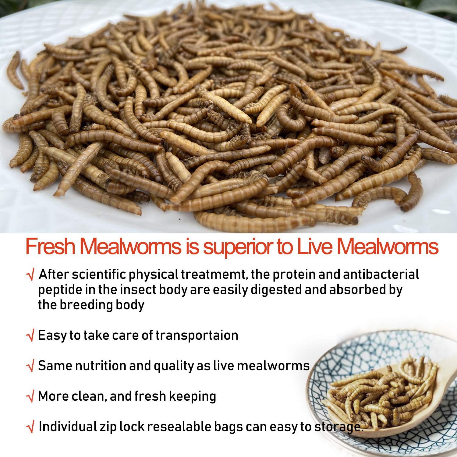 Amzey Mealworms preserved by ozone for lasting freshness.
