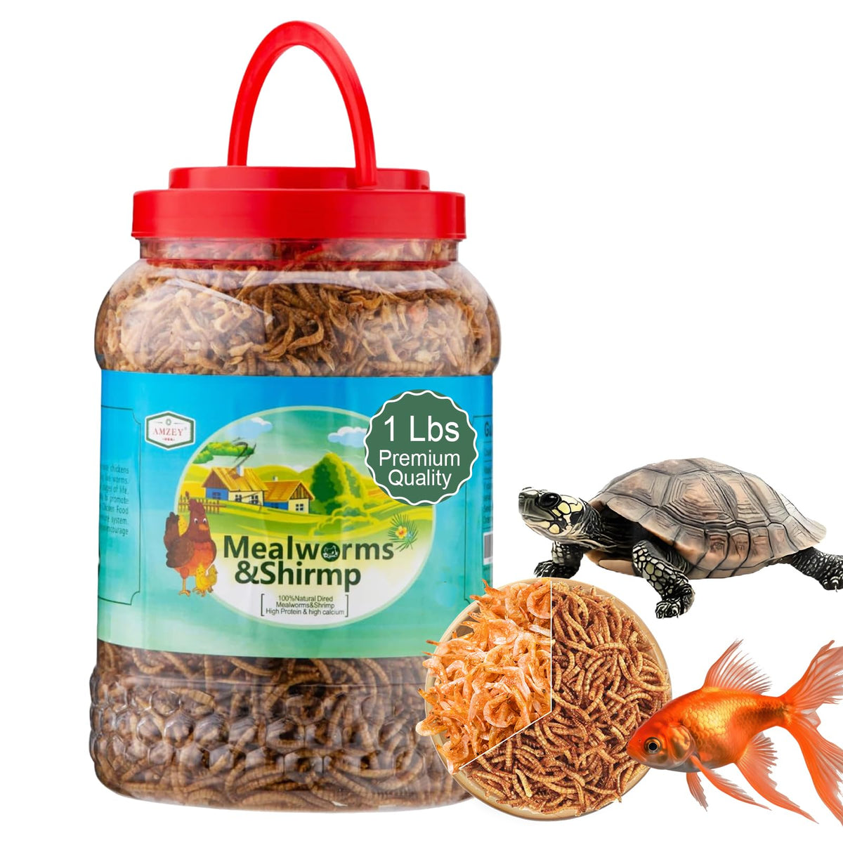 Amzey shrimp and mealworms in a 1lb bucket with twist-off lid for easy storage.