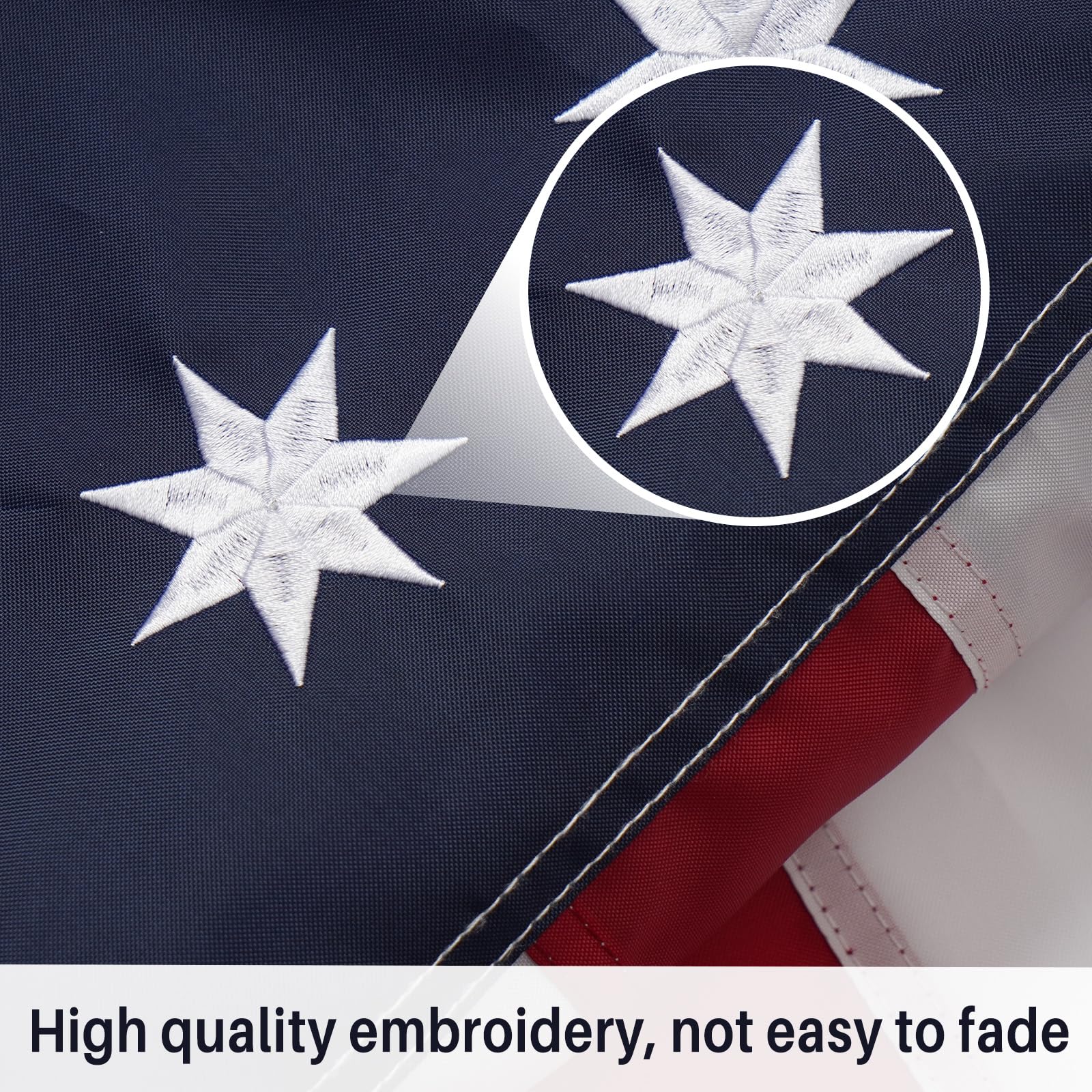 AMZFLAG close-up of embroidered stars on Bennington flag emphasizing craftsmanship