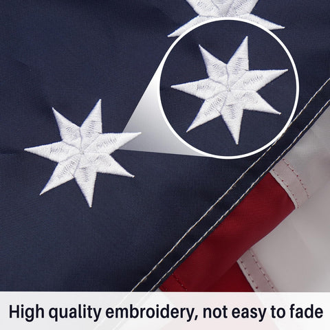 AMZFLAG close-up of embroidered stars on Bennington flag emphasizing craftsmanship