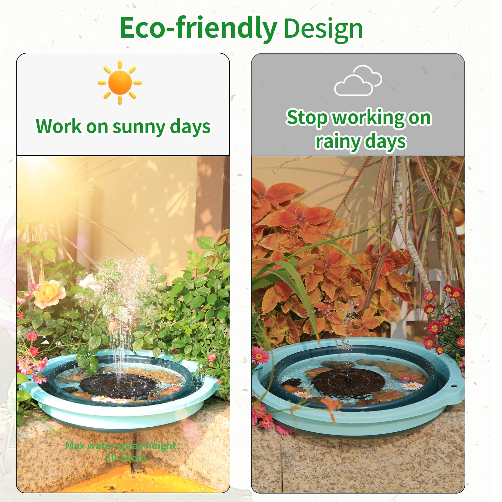 AMZtime fixed brackets keep the fountain centered in a birdbath, reducing splashing.
