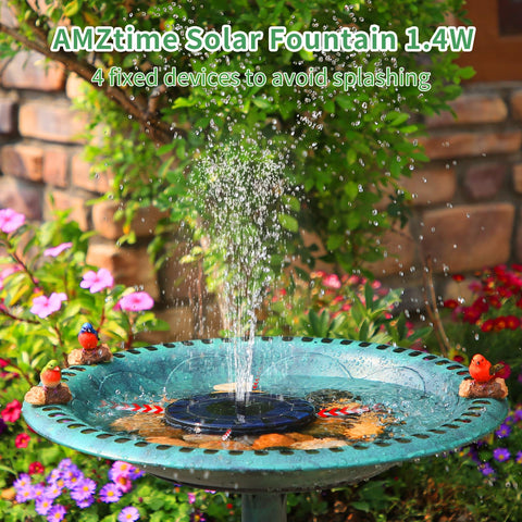 AMZtime 1.4W solar fountain nozzles display six spray options for outdoor displays.