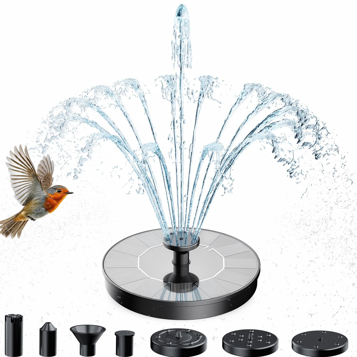 AMZtime solar fountain with 6 nozzles in action for a lively bird bath
