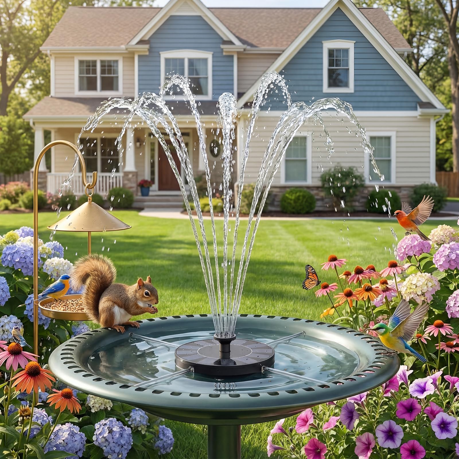 AMZtime solar fountain showcased in a lush garden pond display