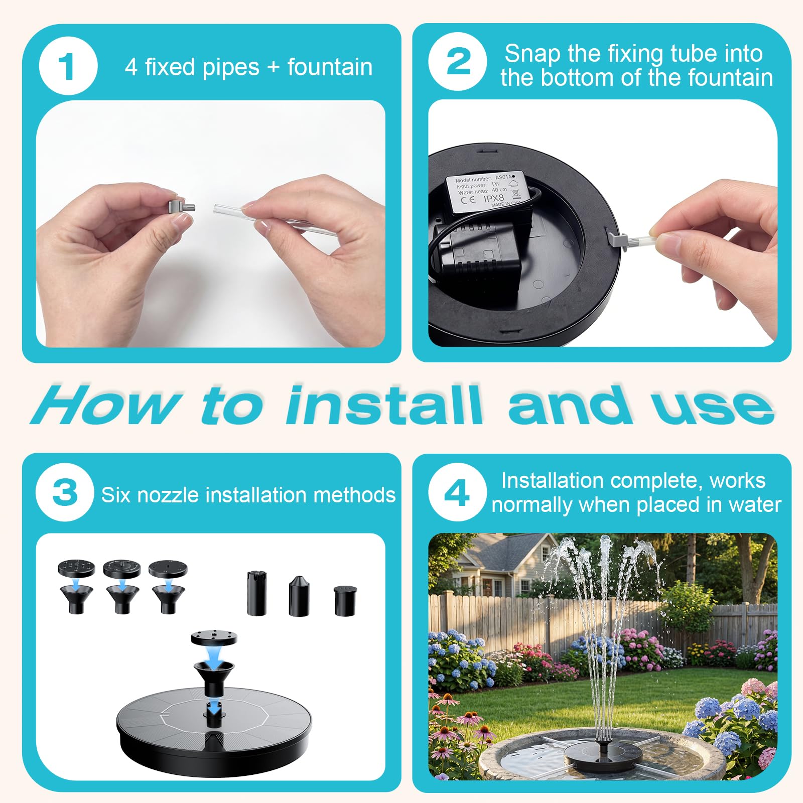 AMZtime solar fountain nozzle options customize spray patterns