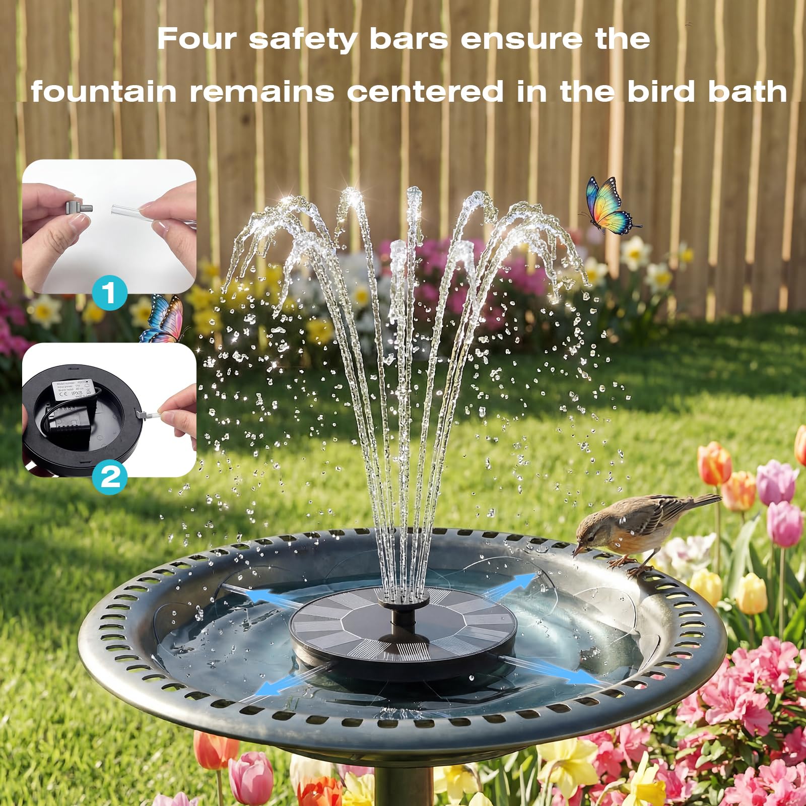 AMZtime solar pump in bird bath powers sunlit operation.