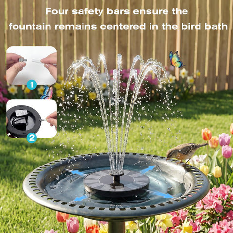 AMZtime solar pump in bird bath powers sunlit operation.