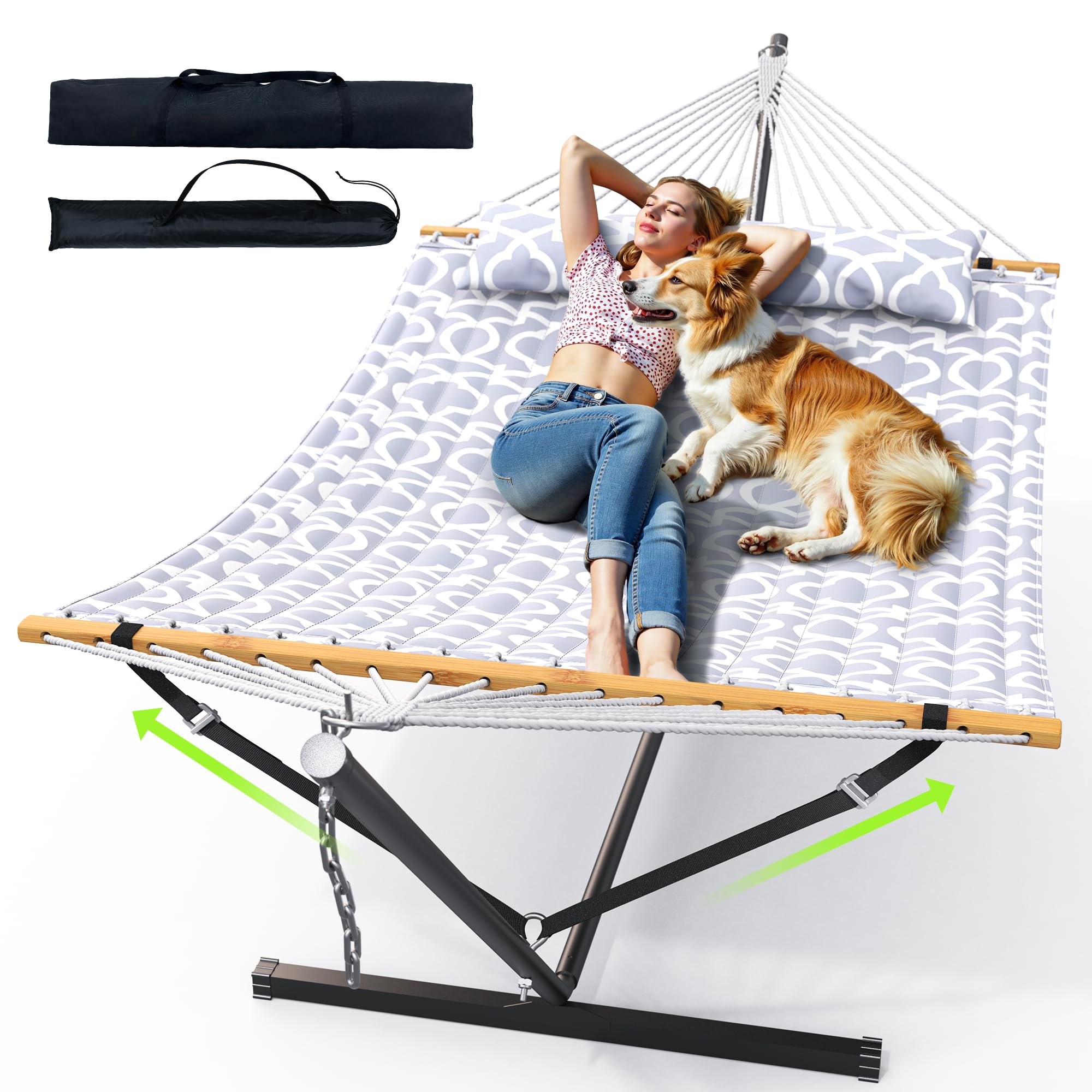 ANAGOO double hammock with stand set up on outdoor patio for two-person lounging
