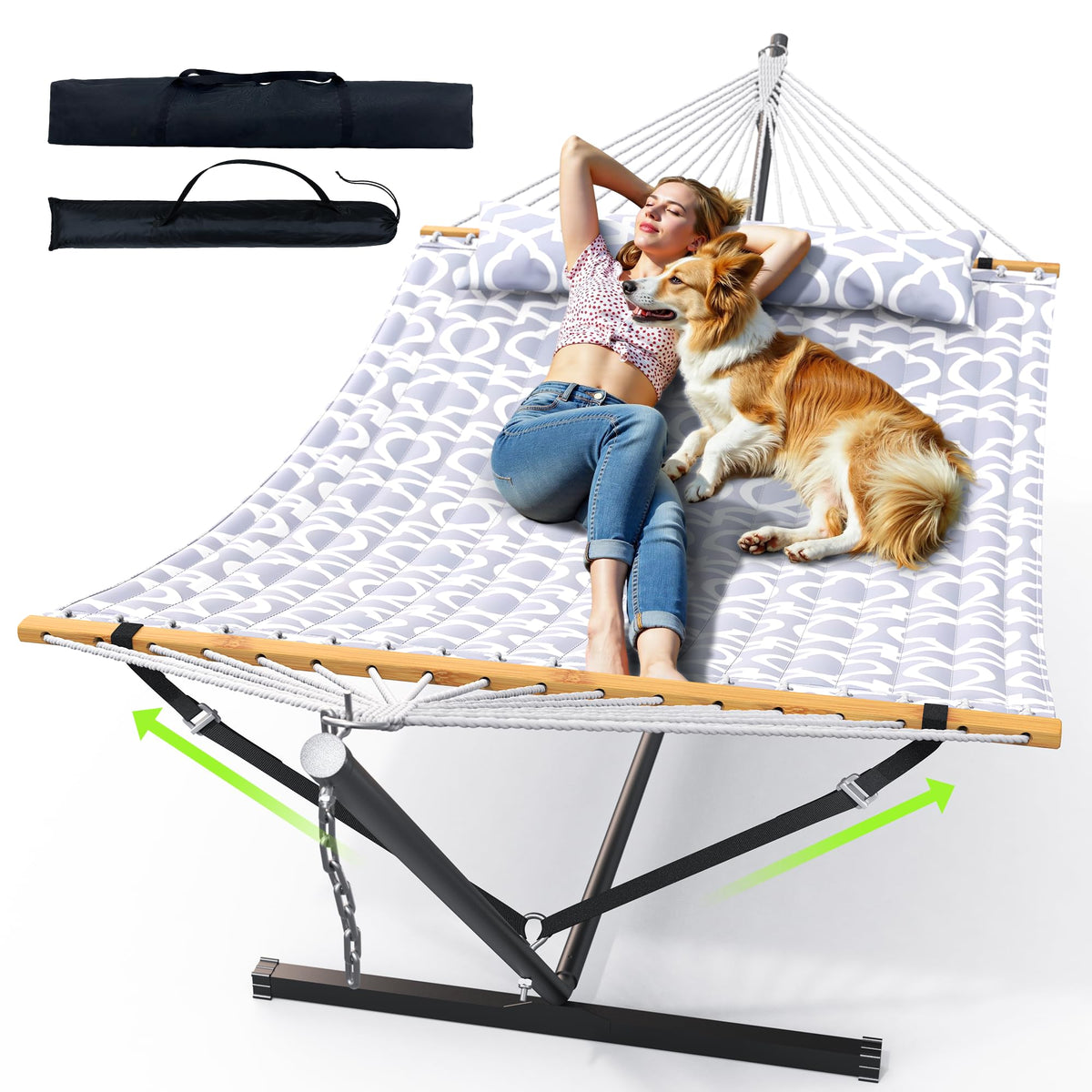 ANAGOO double hammock with stand set up on outdoor patio for two-person lounging