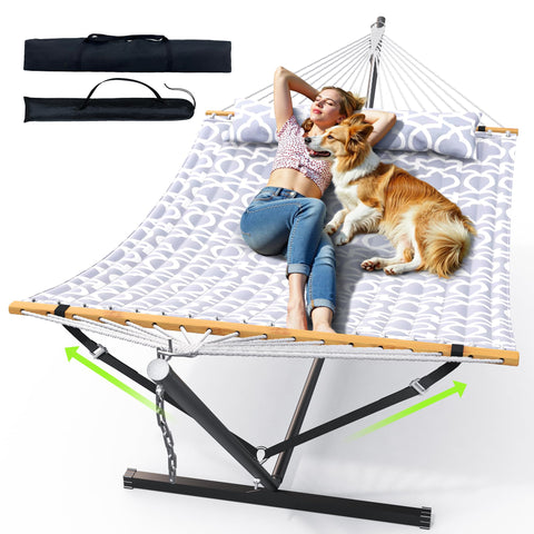 ANAGOO double hammock with stand set up on outdoor patio for two-person lounging