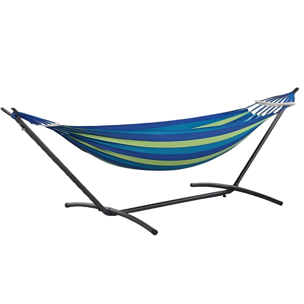 ANAGOO double hammock with stand setup showing sturdy frame for outdoor lounging