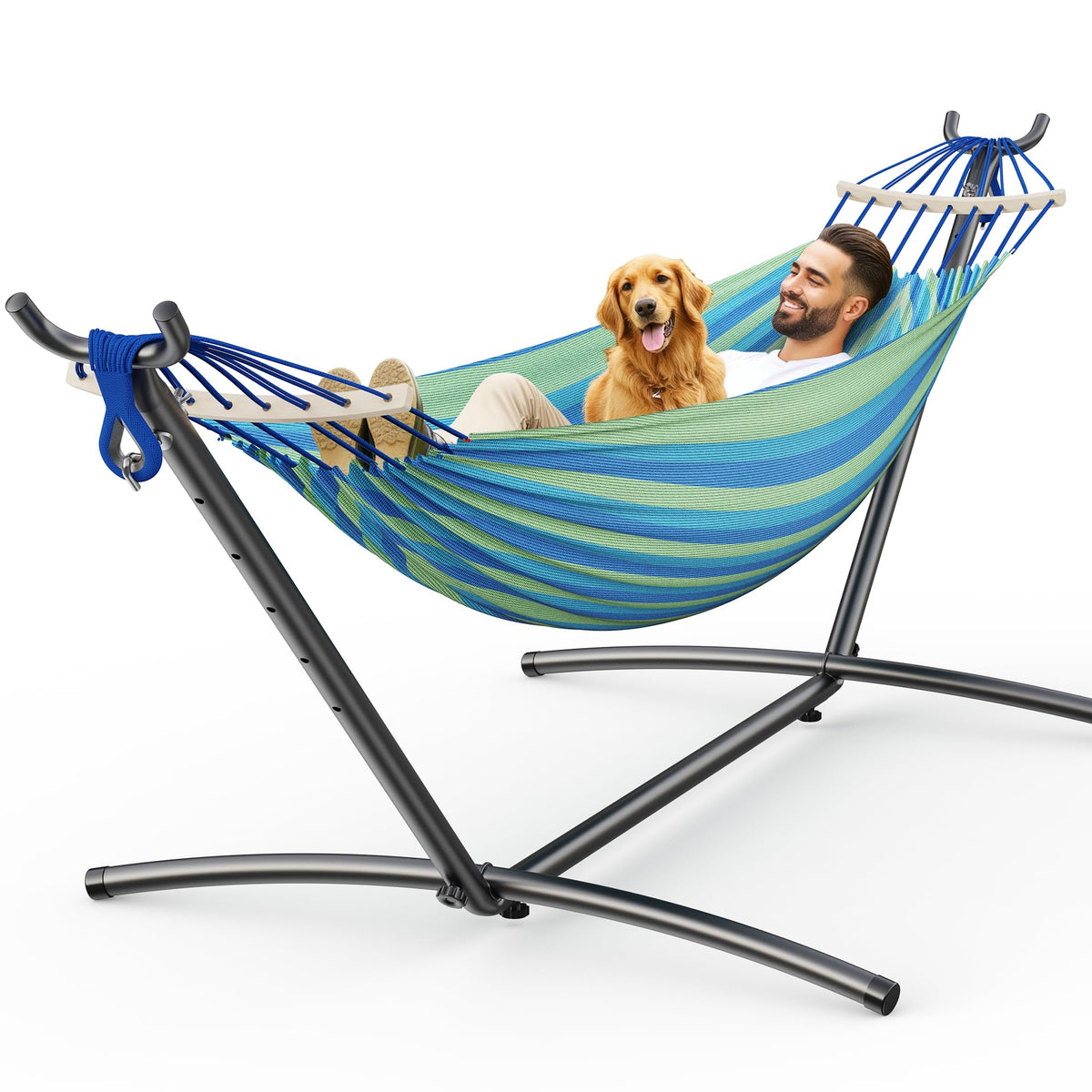 ANAGOO wide blue double hammock assembled for two-person lounging.