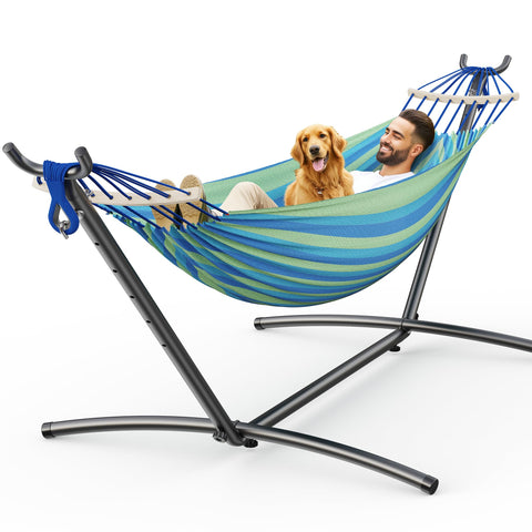 ANAGOO wide blue double hammock assembled for two-person lounging.