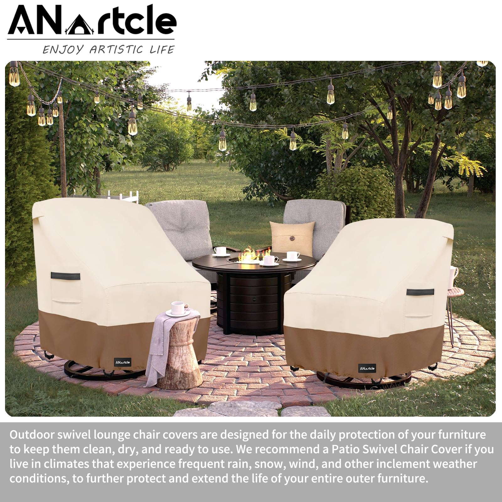 ANartcle chair cover with one-click-straps secures on windy days.