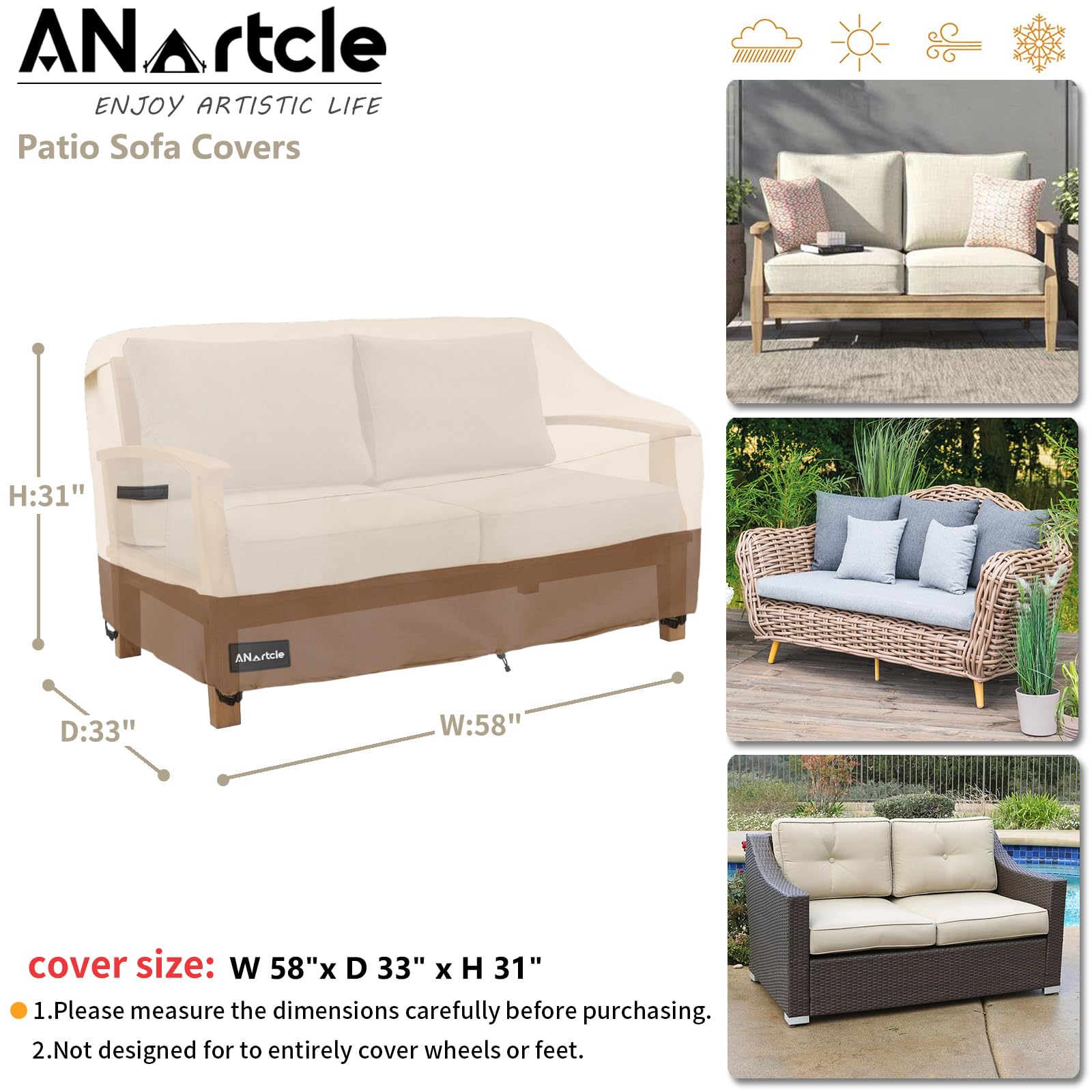ANartcle loveseat cover beige brown color blends with outdoor furniture