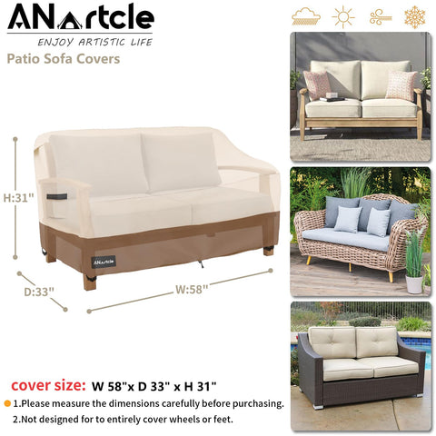 ANartcle loveseat cover beige brown color blends with outdoor furniture