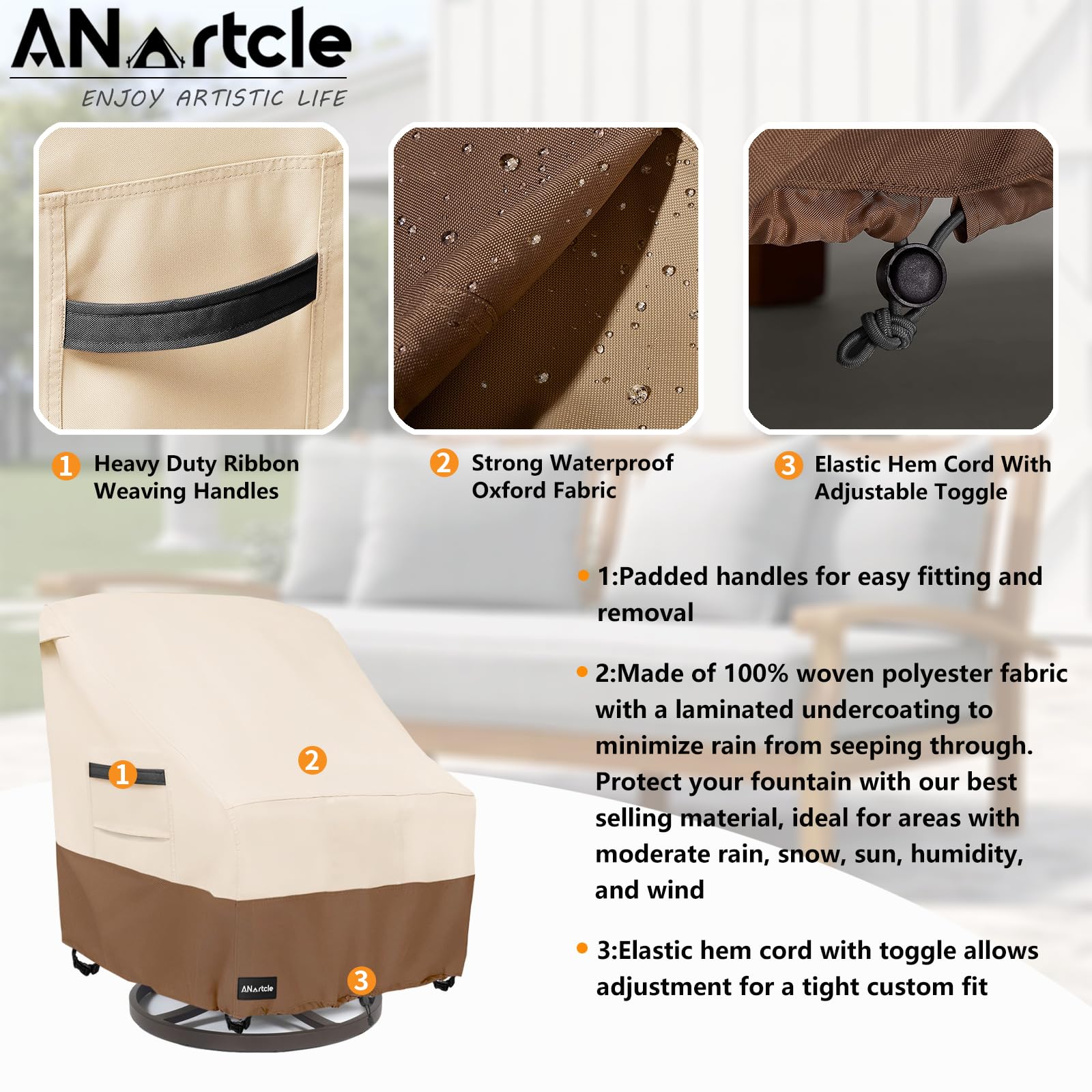ANartcle swivel chair cover brown color highlights strap and windproof secure fit.