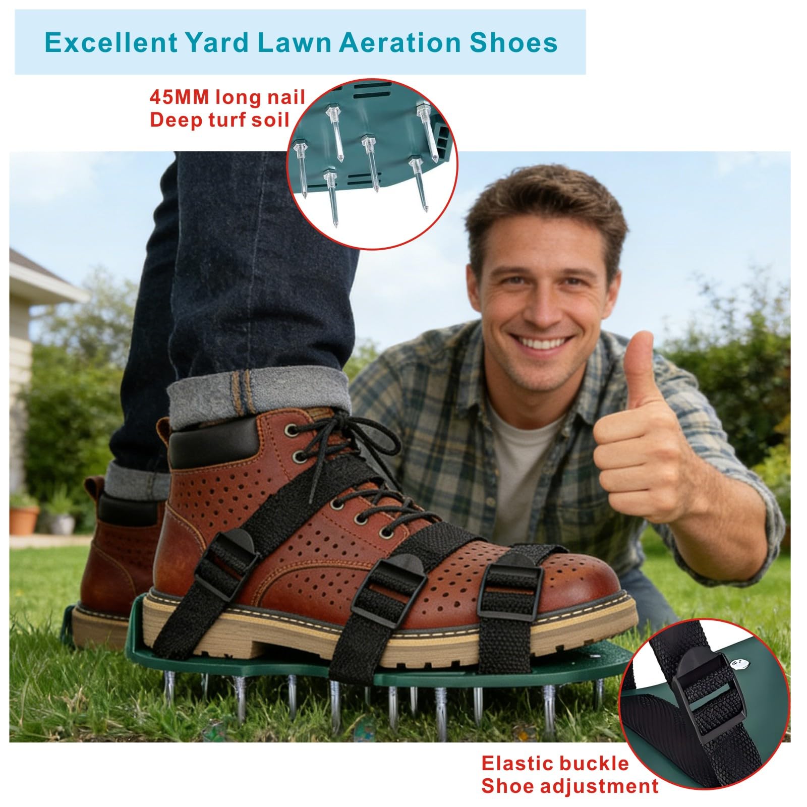 Anazous lawn aerator shoes adjustable straps fit sizes 6-12 for versatile use.
