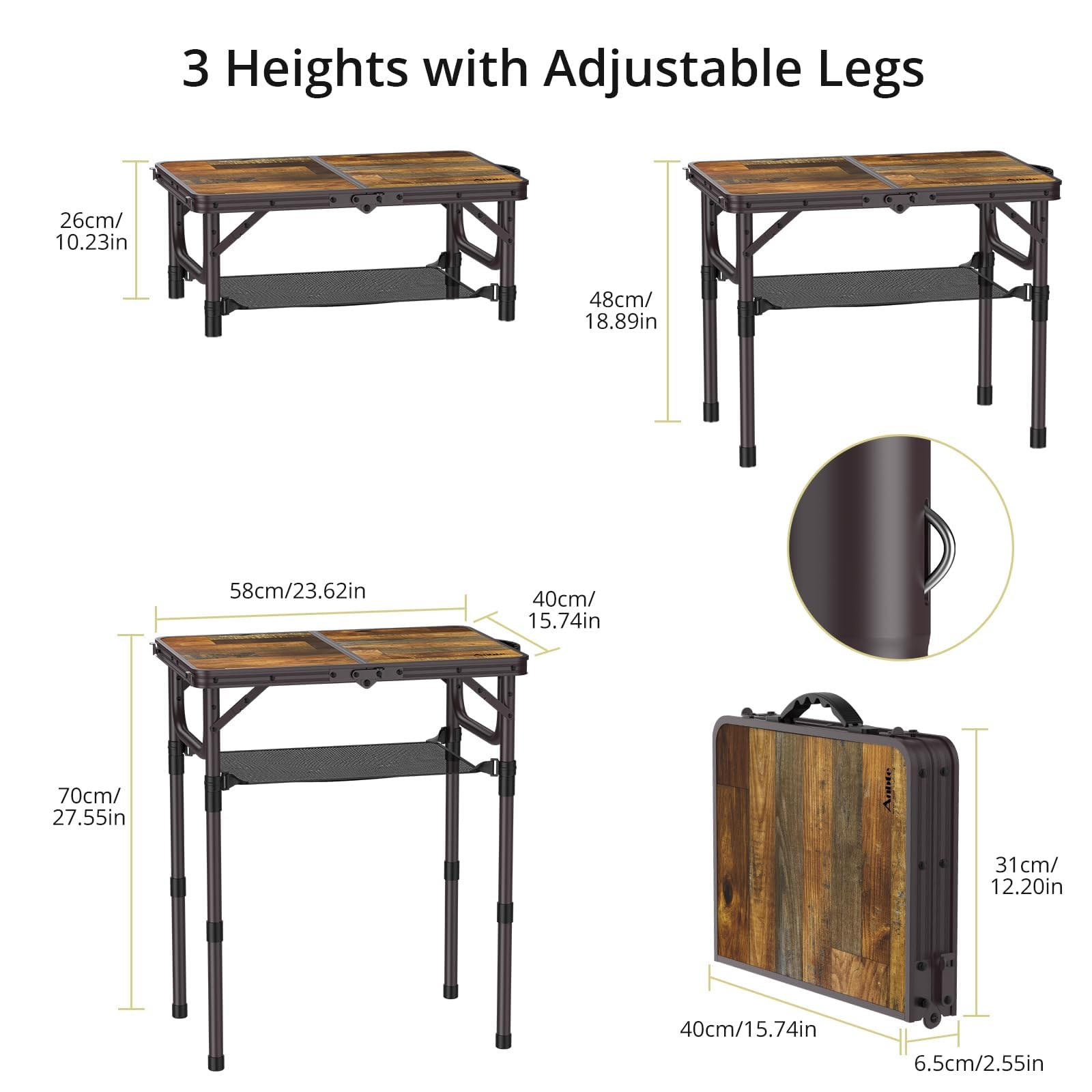Anbte camping table with 18 inch leg height for chair-side seating